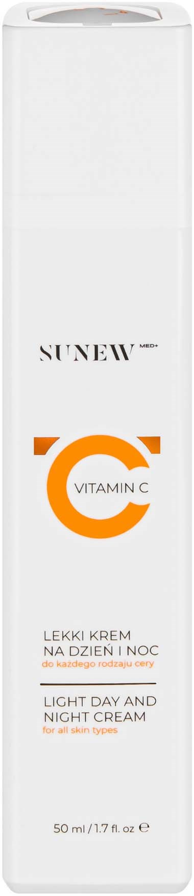 Høy hvit flaske med Sunew vitamin C dag- og nattkrem for alle hudtyper. Beregnet for dag- og nattbruk.