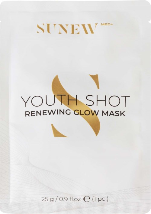 Sunew Youth Shot Renewing Glow Mask emballasje med gull- og svart tekst på hvit bakgrunn.