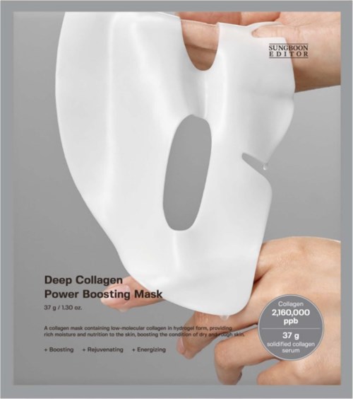 Ein weißer Gesichtsmaske, die von Händen gehalten wird, als kollagenförderndes Hautpflegeprodukt gekennzeichnet.