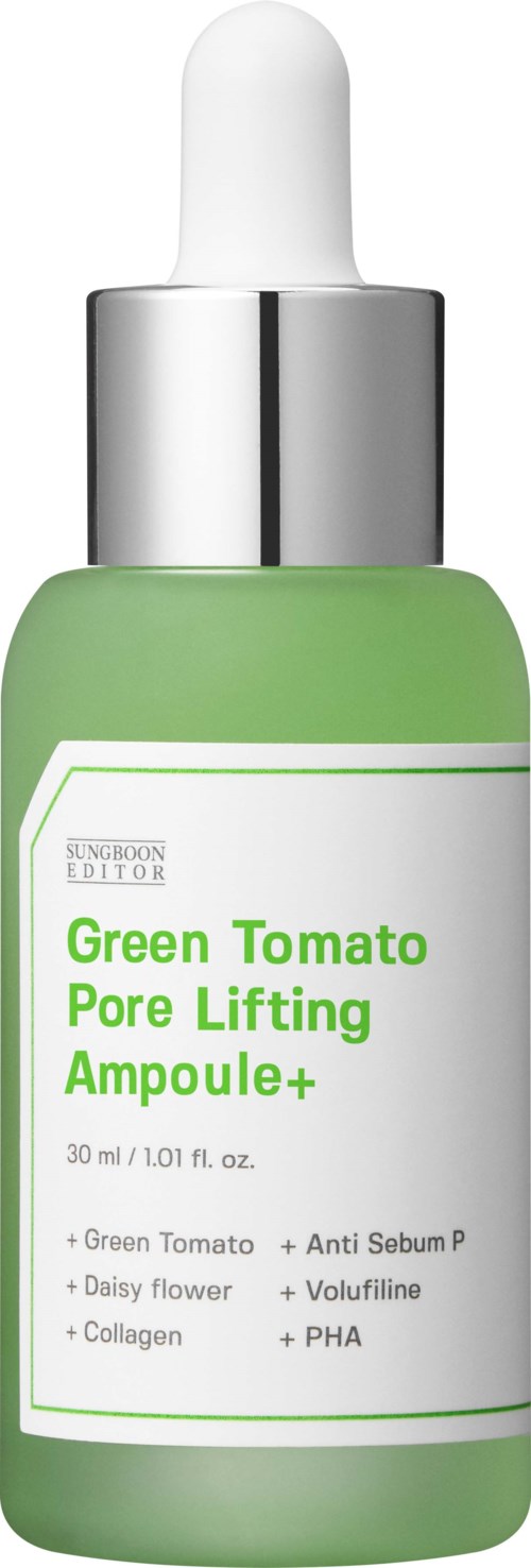 Een groene fles met pipethouder en een witte label met productnaam en ingrediënten.