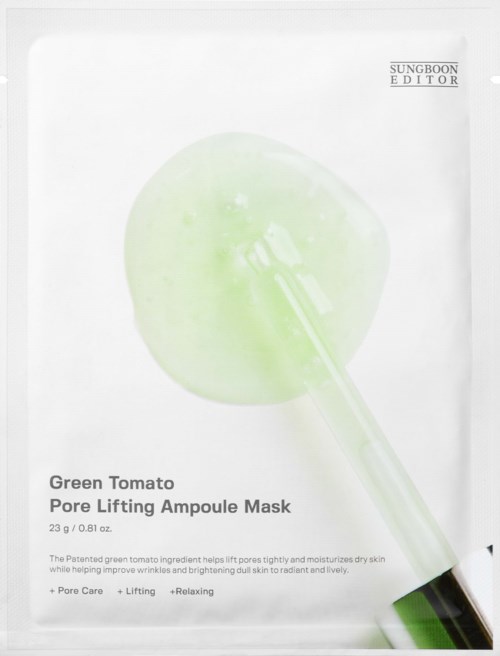 Groene tomaten poreverhogende masker voor het gezicht met een kleine spatel op de verpakking, ontworpen voor huidverzorging. De verpakking noemt porenverzorging, lifting en ontspanning.