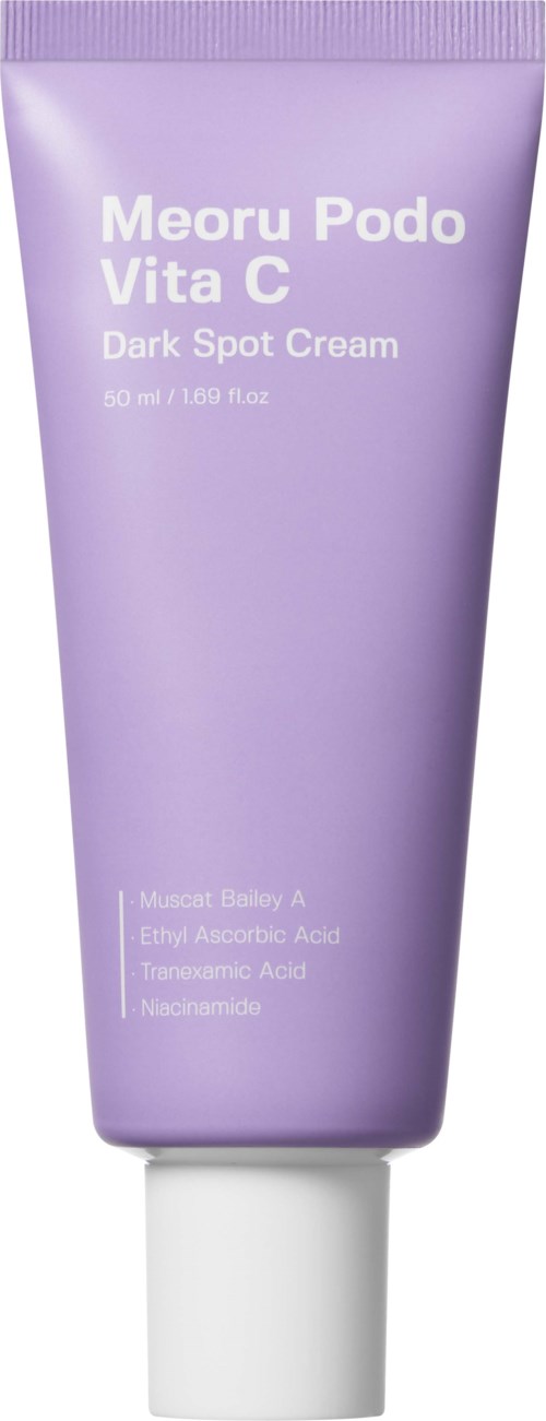 Lichtpaarse tube van Meoru Podo Vita C Dark Spot Cream met witte tekst, bevat 50 ml huidverzorgingsproduct.