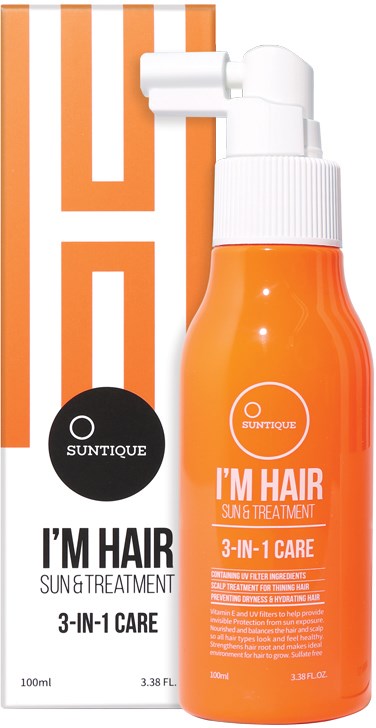 Orangenes Sprayflasche und Verpackung für SunTique's I'M HAIR 3-in-1 Care Sonnen- und Haarbehandlung.