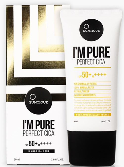 A white tube of sunscreen with black and yellow text, shown alongside its matching box. It is labeled 'I'm Pure Perfect Cica' with SPF 50+.