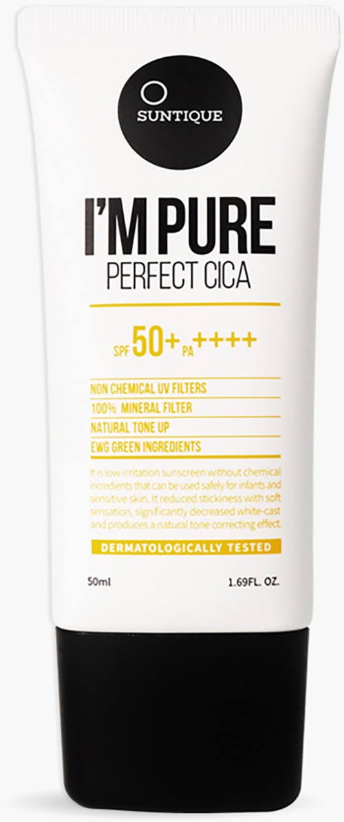 A white tube of sunscreen labeled 'I'M PURE PERFECT CICA' with SPF 50+ and PA++++. It has black and yellow text.