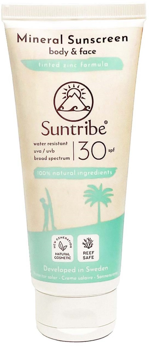Butelka mineralnego kremu do opalania na ciało i twarz z SPF 30, naturalne składniki, tropiczny design.