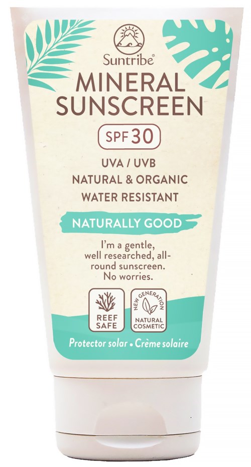En tub med Suntribe mineral solkräm med SPF 30, naturliga ingredienser, vattentålig och miljövänlig förpackning.