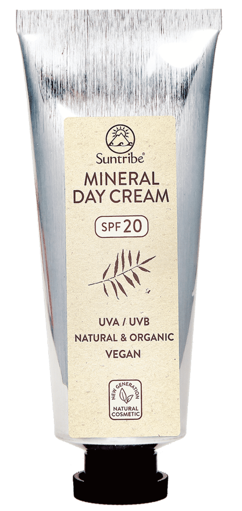 Srebrny tubka kremu dziennego mineralnego z SPF 20, wegański i organiczny, z rysunkiem liścia.