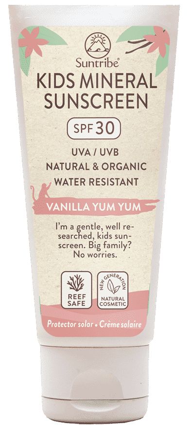 Tuba Suntribe Kids Mineral Sunscreen SPF 30, w radosnych pastelowych kolorach, z waniliowym smakiem i wodoodpornością.