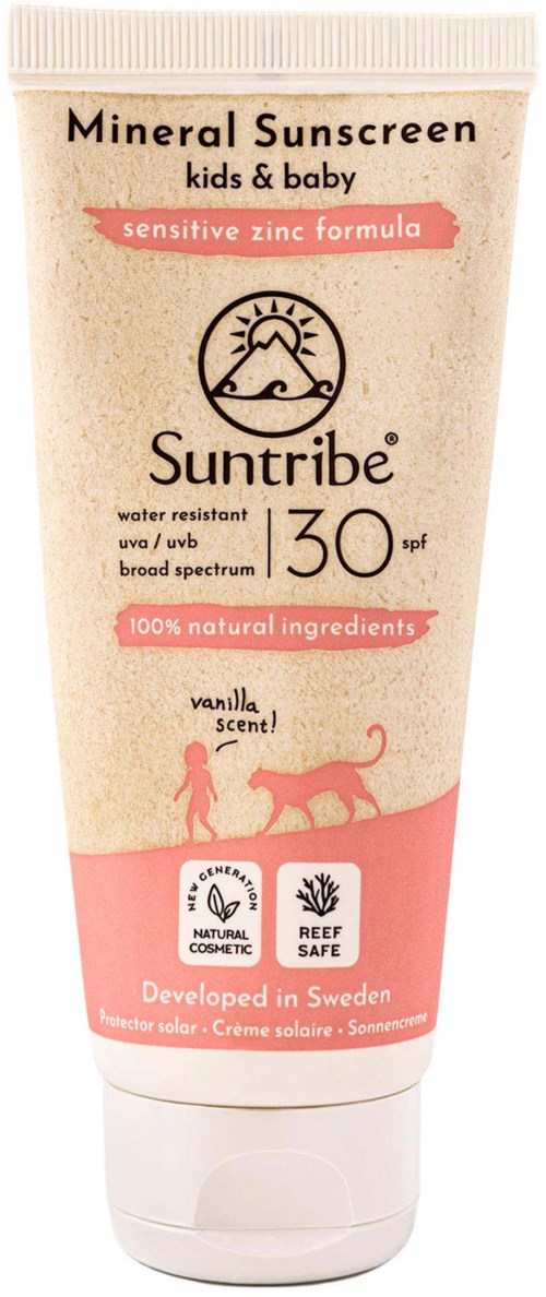 Tubka mineralnego kremu z filtrem dla dzieci i niemowląt SPF 30, naturalne składniki, waniliowy zapach, wyprodukowano w Szwecji.