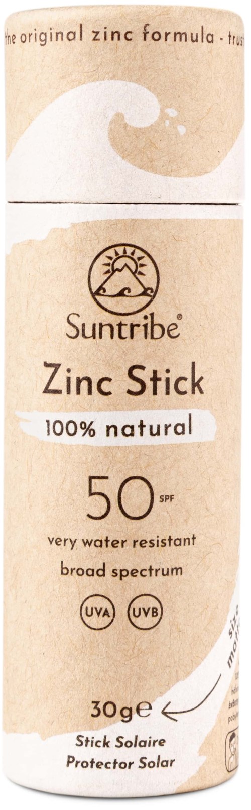 Baton kremu słonecznego z beżową etykietą. Napisane 'Suntribe Zinc Stick', SPF 50, wodoodporny, 100% naturalny, z logo słońca i fali.