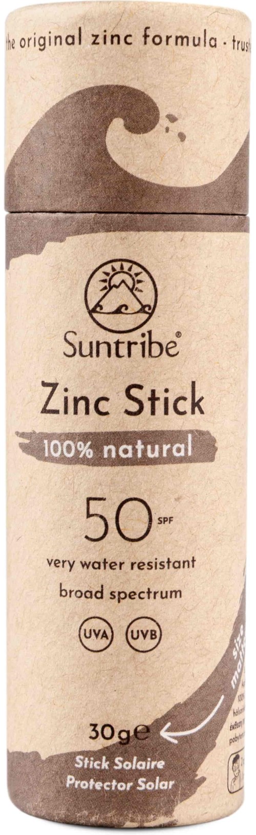 Bežne opakowanie 'Zinc Stick' od Suntribe, z falistym wzorem i logo słońca, naturalna ochrona słoneczna, SPF 50.