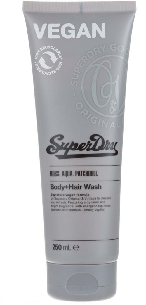 Vegan body- en haarwas in een grijze tube, gemerkt SuperDry en 250 mL.