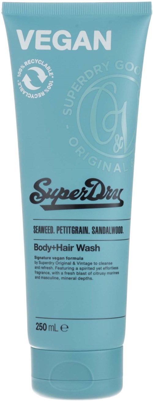 Blauwe tube met 'Vegan' en 'SuperDry'. Bevat lichaams- en haarwas met zeewier, petitgrain, sandelhout. 250 ml.