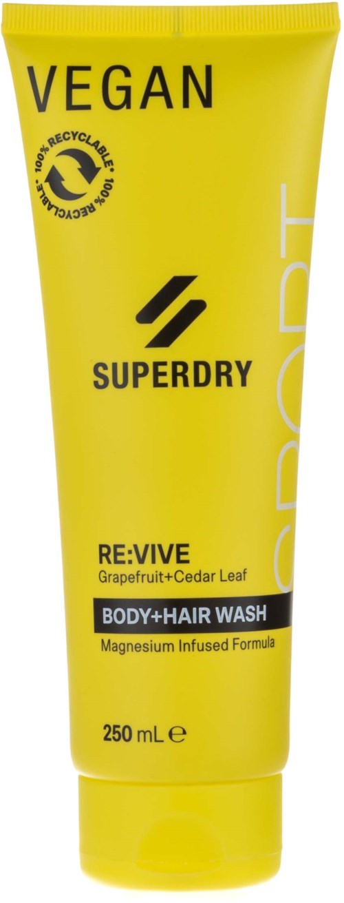 Geel tube met veganistische lichaams- en haarwas, grapefruit en cederblad geur, 250 ml, Superdry-merk.