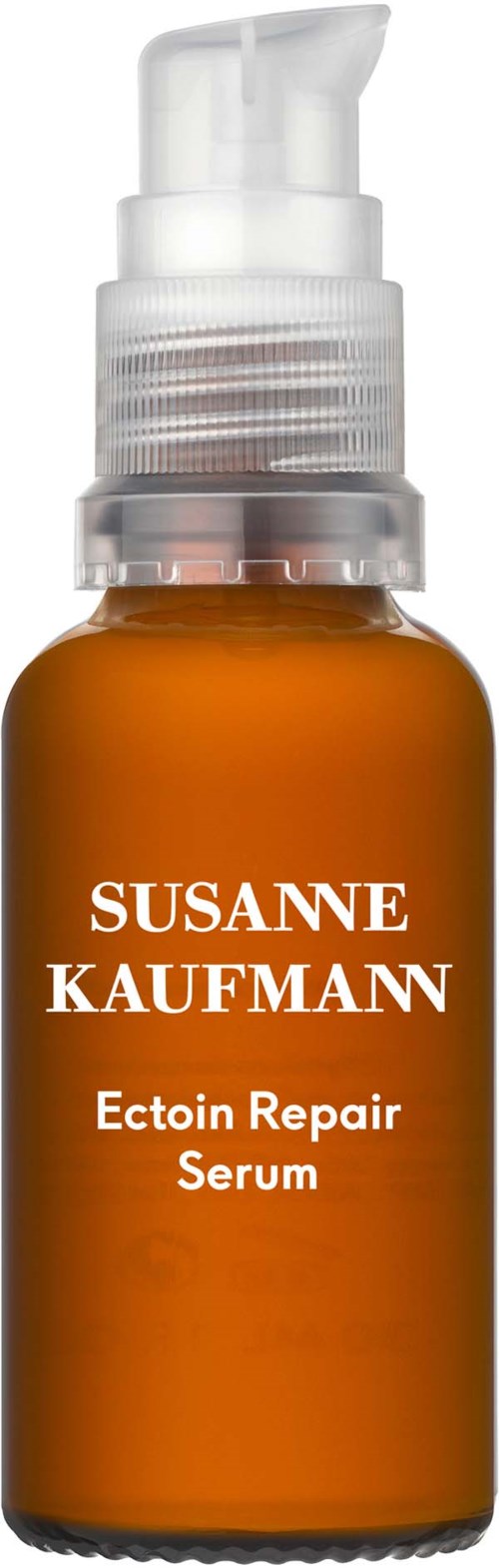En liten ravfarget flaske med hvit pumpe, merket Susanne Kaufmann Ectoin Repair Serum.