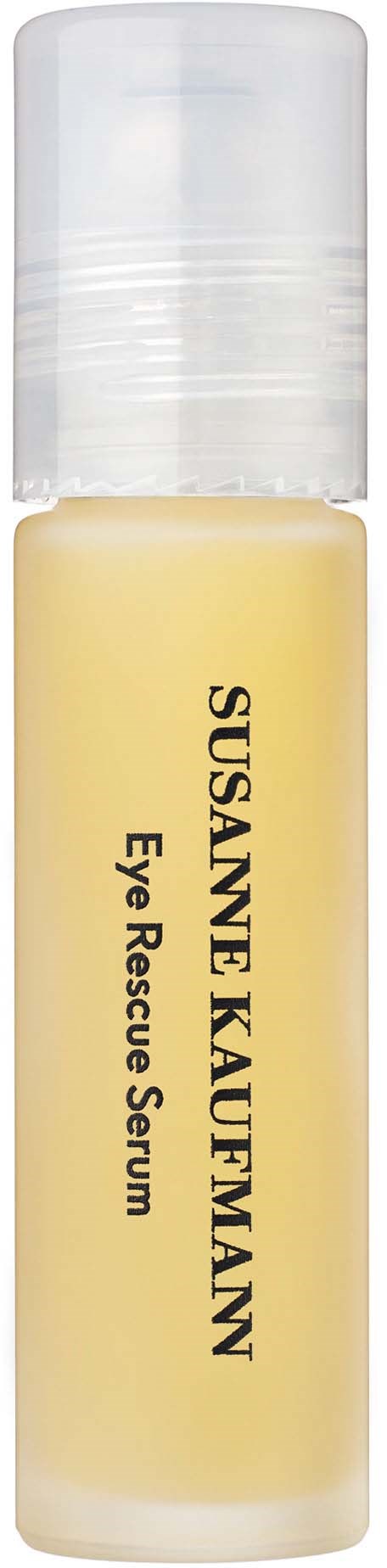 Liten gul flaske med gjennomsiktig lokk, merket "SUSANNE KAUTMAN Eye Rescue Serum."