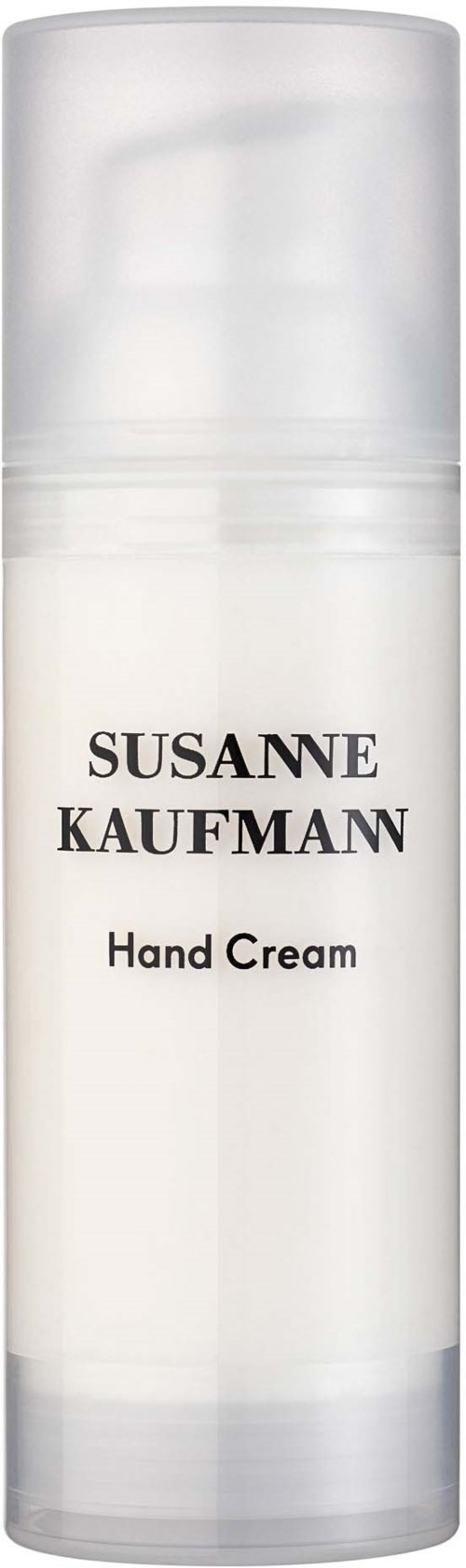 En vit cylindrisk flaska med pump, märkt 'SUSANNE KAUFMAN Hand Cream.'