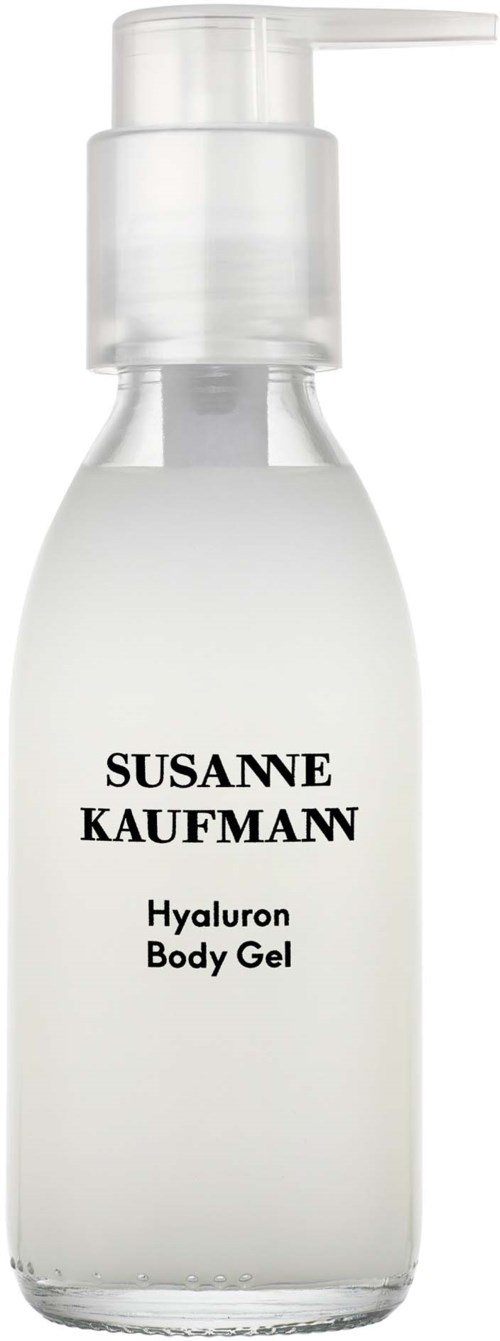 En vit flaska med pump märkt 'Susanne Kaufmann Hyaluron Body Gel'.