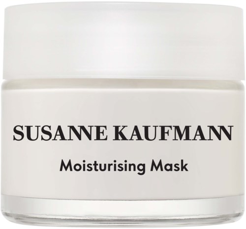 En vit behållare med svart text som säger 'SUSANE KAUMAN Moisturising Mask'.
