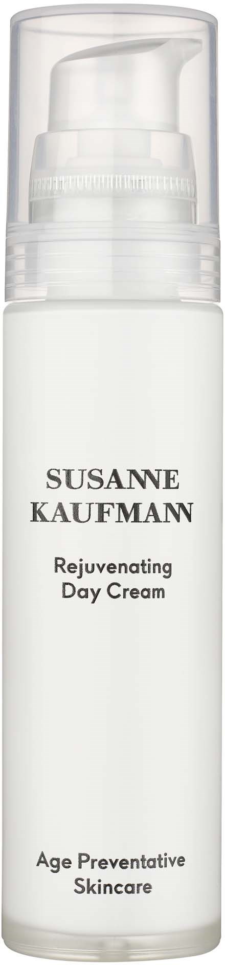 A white bottle with a pump, labeled Susanne Kaufmann Rejuvenating Day Cream for age prevention skincare.