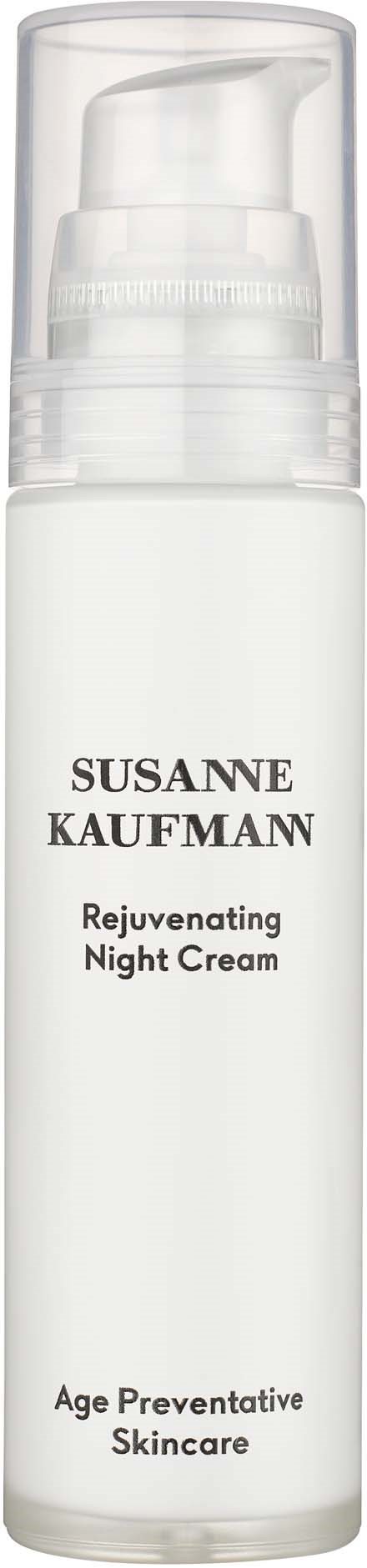A white bottle with a pump, labeled "Susanne Kaufman Rejuvenating Night Cream" for skin care.