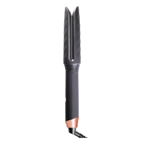 A hair styling tool with two heated plates, black and rose gold color, and a cord. It looks like a flat iron.