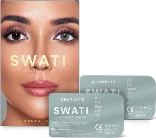 Farbige Kontaktlinsen namens SWATI, mit einem Monat Gebrauch, in Verpackung mit Frauengesicht und Augeninformationen.