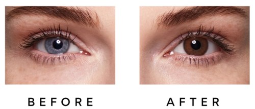 Zwei Nahaufnahmen von Augen zeigen den Unterschied vor und nach der Änderung der Augenfarbe, von Blau zu Braun, mit Beschriftungen darunter.