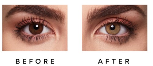Nahaufnahme von Augen mit Vorher- und Nachher-Makeup; Wimpern sind nach dem Make-up länger und definierter.