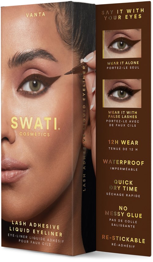 Een cosmetica-verpakking met oog make-up tips, waterdicht en snel drogend, met een oog en merkinformatie.