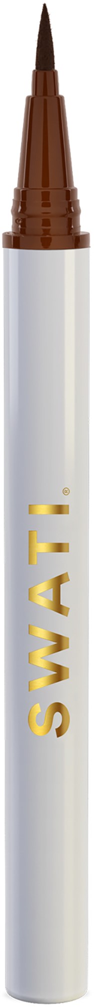 Een witte stift met een bruine punt en gouden tekst die zegt "SWAT!".