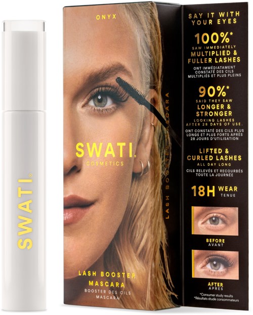 Doos met mascara en verpakkingsafbeelding van een vrouw die mascara aanbrengt, voordelen en voor-en-na oogbeelden.
