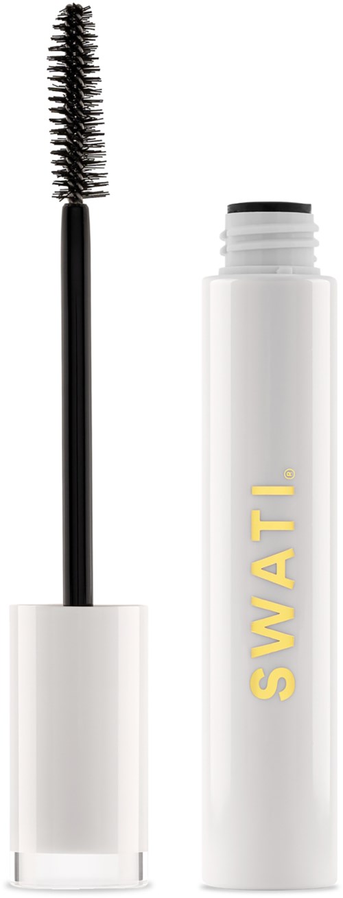 Een witte mascara-buis met een borstel die zwarte mascara toont en gele tekst zegt SWATI.