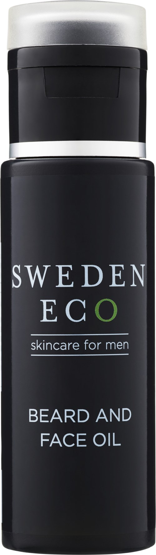 Een zwarte fles met witte en groene tekst, gelabeld voor baard- en gezichtsolie voor mannen, van Sweden Eco.