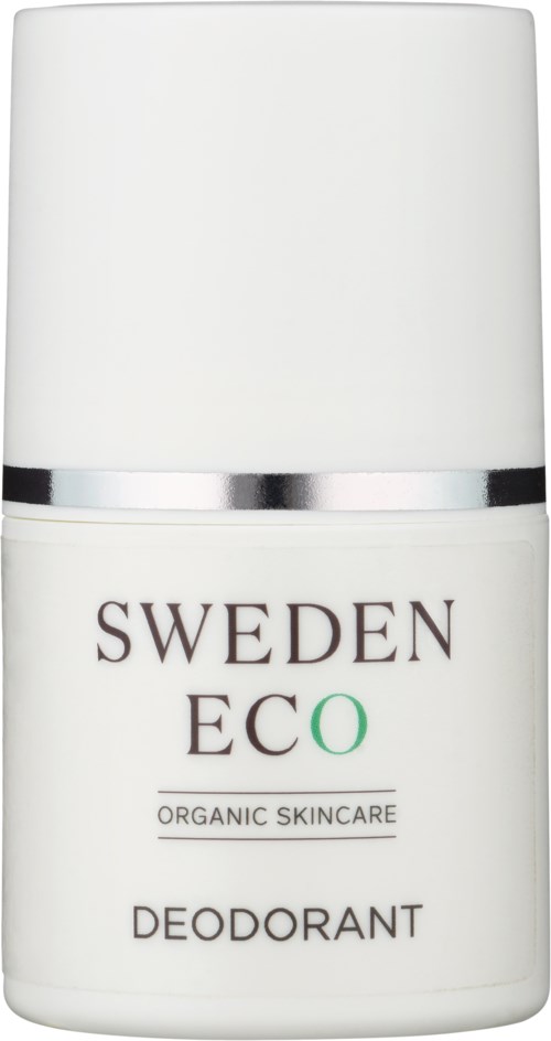 Een witte deodorantverpakking met een zilveren band, gemarkeerd 'Sweden Eco Organic Skincare Deodorant' in zwart en groen tekst.
