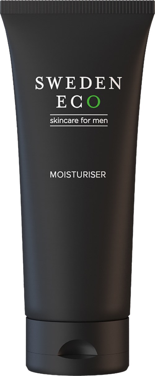 Zwarte tube met witte en groene tekst, gelabeld als vochtinbrengende crème voor mannen, van Sweden Eco huidverzorgingslijn.
