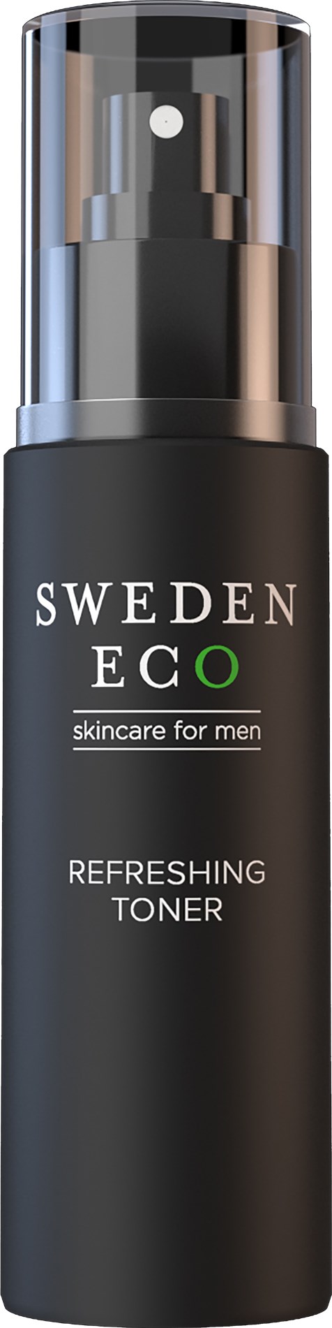 Een zwarte fles met label 'Sweden Eco, Refreshing Toner' voor heren huidverzorging, met doorzichtige pomp.