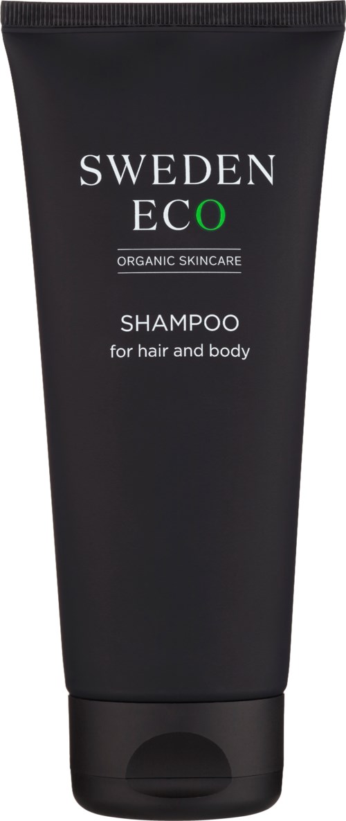 Zwarte tube met Sweden Eco organische shampoo voor haar en lichaam met flipdop.