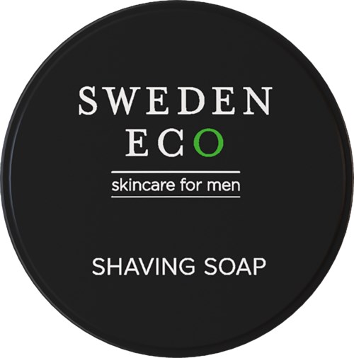 Een zwart ronde sticker met witte tekst die Swedish Eco scheerzeep voor mannen promoot.