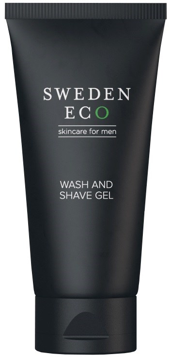 Een zwarte tube met de tekst "SWEDEN ECO wash and shave gel" voor mannenverzorging.