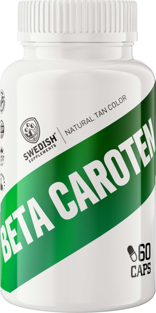 En hvit flaske merket "Beta Caroten" med en grønn stripe. Den inneholder 60 kapsler, fra Swedish Supplements.