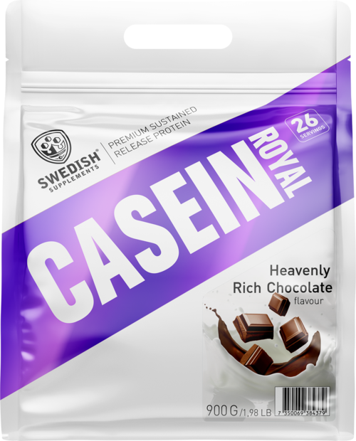 Weiße Verpackung mit lila Streifen, mit 'Caseline' und 'Heavenly Rich Chocolate' beschriftet, zeigt kleine Schokoladenstücke und Barcode.