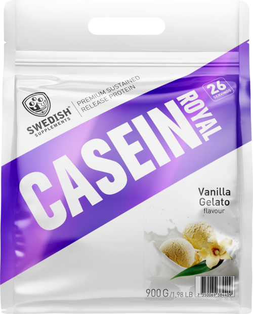 Eine weiße Beutel mit schwedischem Nahrungsergänzungsmittel, lila Streifen, Beschriftung 'Casin für dich' und Vanille-Gelato Geschmack, 900g.