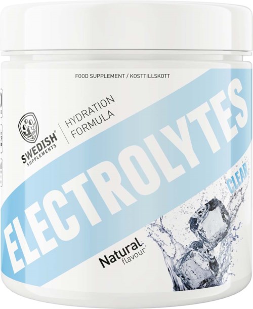 En hvit beholder merket Electrolites med blå og svart tekst, viser isbiter og vannsprut.