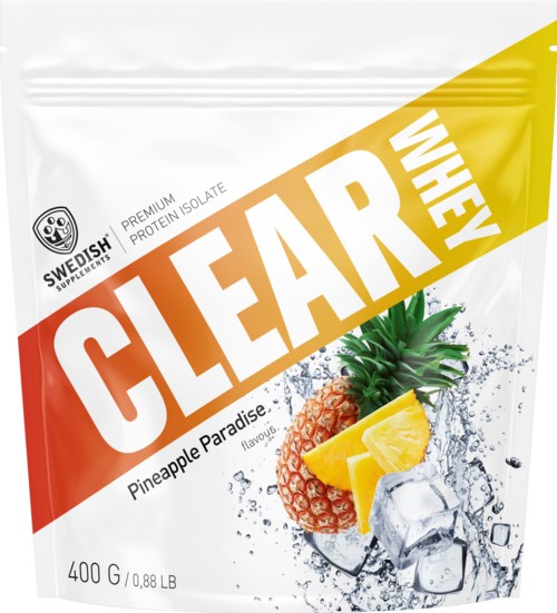 En hvit resealable pose med proteinisolat med ananas smak, viser ananas, isbiter og sitronbiter på forsiden.