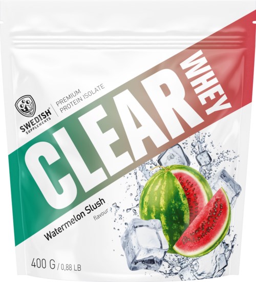Packaging for watermelon flavored protein powder with a picture of a whole and sliced watermelon, ice cubes, and water splashes.
