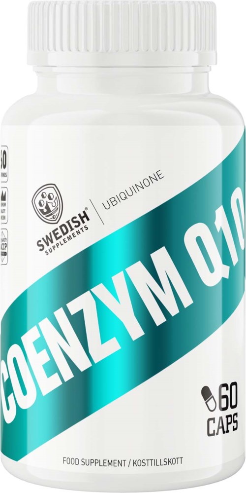 White bottle labeled Coenzyme Q10 with 60 capsules, branded as Swedish Supplements, Ubiquinone.