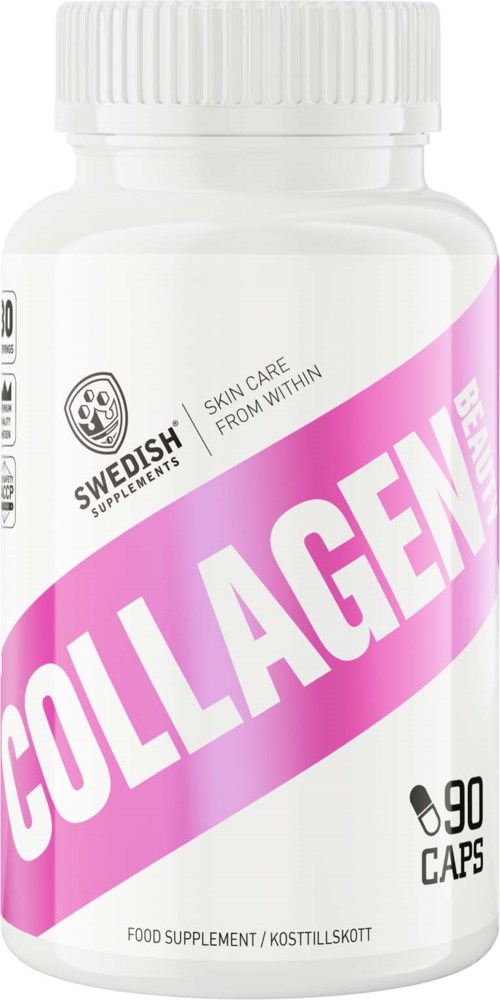 En vit flaska med rosa och svart text som marknadsför kollagen kosttillskott, innehållande 90 kapslar.