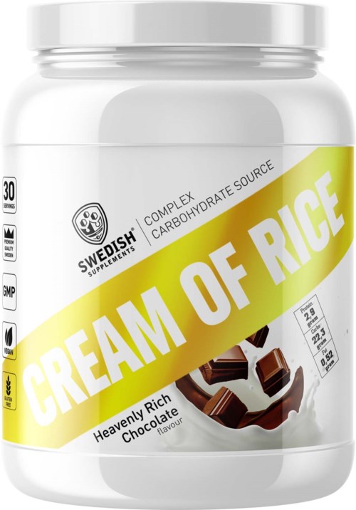 En hvit krukke med gul etikett som viser sjokoladestykker og ernæringsinformasjon, kalt 'Cream of Rice' med 'Heavenly Rich Chocolate'-smak.